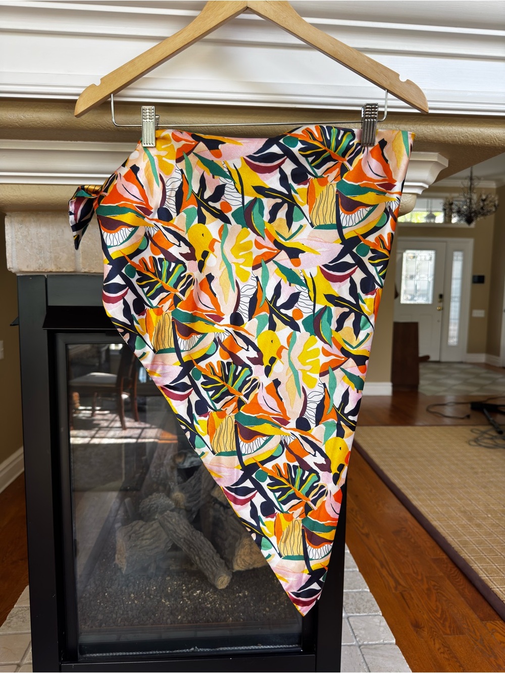Glow By Daye Satin Tropical Print Multi-Way Triangle Scarf